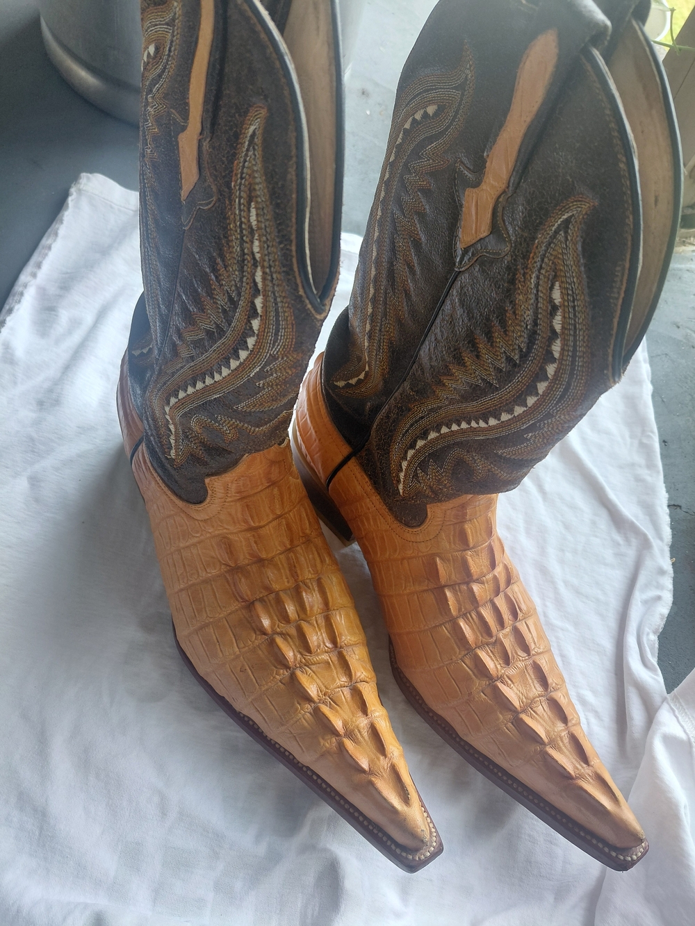 Men's Exotic Leather Pointed Toe Cowboy Boots in Two-Tone Brown